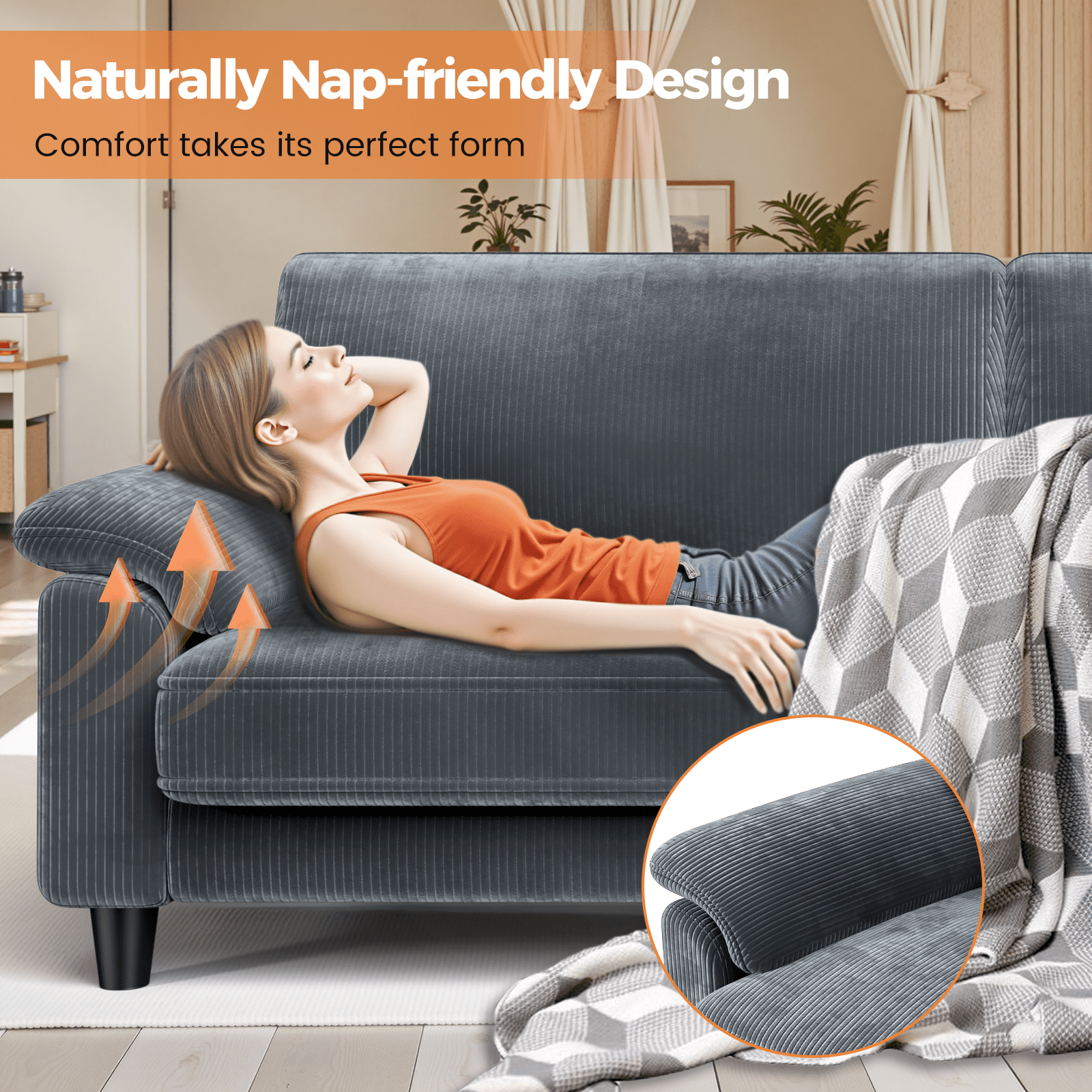 Patbrela 83" Corduroy Sofa, Loveseat Sofa with Extra Deep Seat Couches, Comfy Upholstered Couch for Living Room, No Assembly with 2 Pillows, Gray