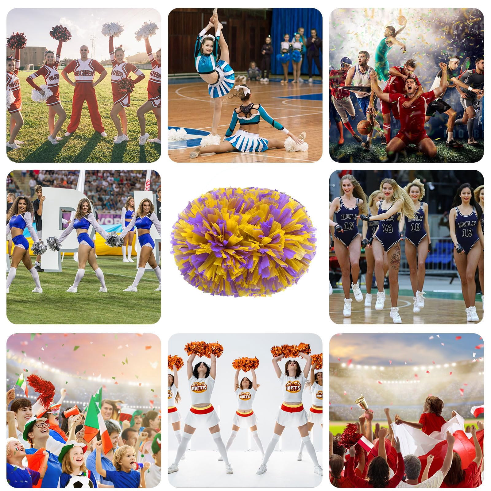 Cheer Pom Poms 12 Pcs with Handle, Cheerleading Handheld Squad Pompoms for Sports Team Cheer Spirit Games Dance Party Adults