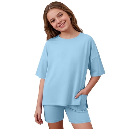 FINALGANG Girls Kids Two Piece Homewear Set Short Sleeve Drop Shoulder Crewneck Top Matching Shorts Side Pockets Soft Comfortable Outfit For Daily Casual Wear Blue 5-6 Years
