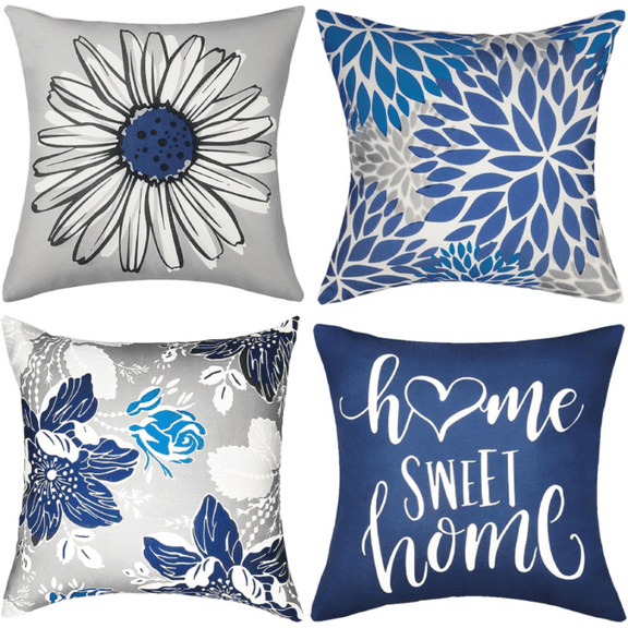 Throw Pillow Covers Set of 4, 18 x 18 Inch Blue Pumpkin Floral Harvest Autumn Home Decorations for Sofa Couch
