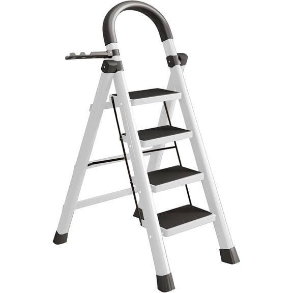 Escalera Plegable Multifuncional Bluelander, Tubular 4 Peldaños, Antideslizante, Blanco