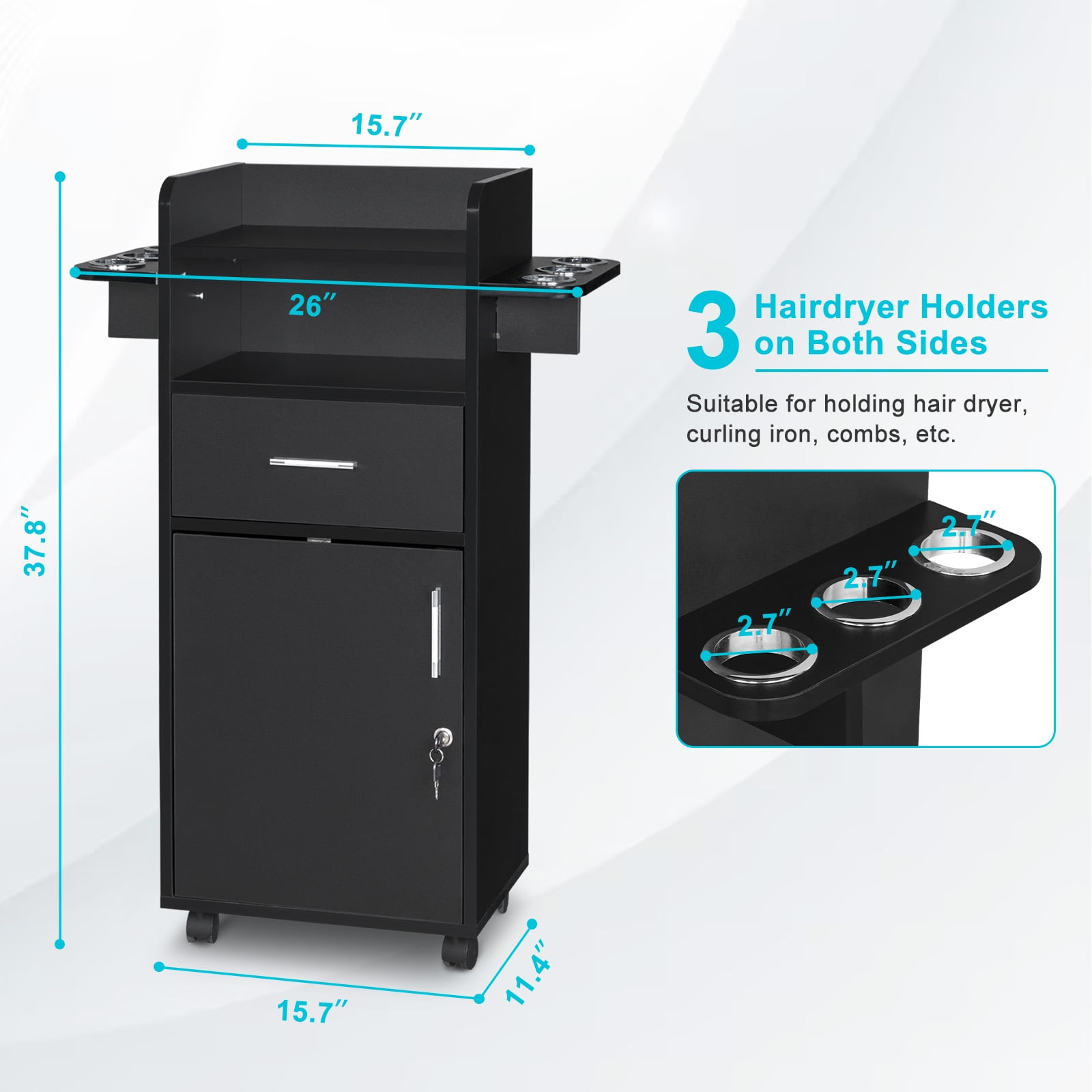 UBesGoo Beauty Salon Storage Cabinet, Lockable Barber Salon Station for Hair Stylist, Hair Styling Equipment for Beauty, Spa, Tattoo, Barber Shop, Black
