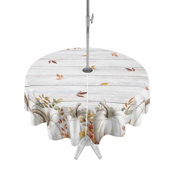 Outdoor Tablecloth with Umbrella Hole and Zipper, White Pumpkins Fall Round Table Cloth 60 Inch Waterproof Tablecloth, Thanksgiving Eucalyptus Wildflowers Wood Picnic Table Cover for Patio Camping