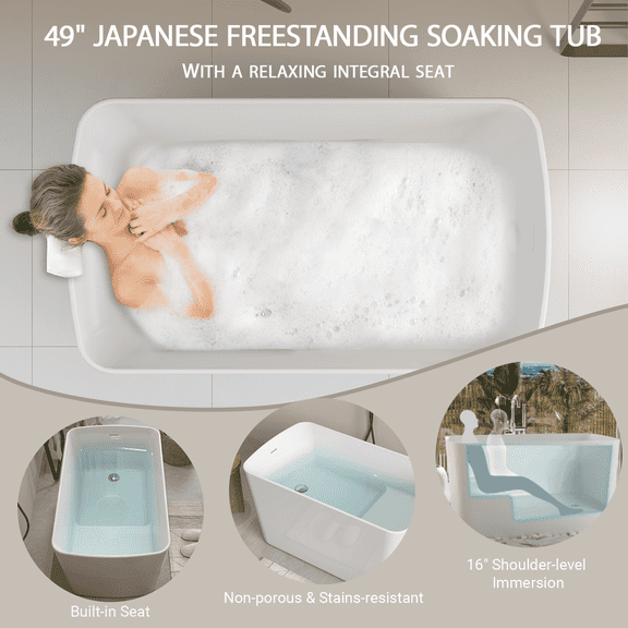 OUTEXER 49'' Acrylic Freestanding Soaking Bathtub, Square-Shape Japanese Hot Tub, Sit-In Design with Chrome Overflow for Bathroom Home ,White