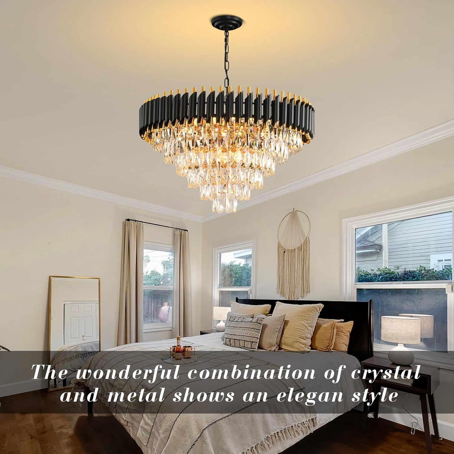 Modern Crystal Chandeliers for Dining Room 15-Light Black and Gold Chandelier Living Room Round 6 Tiers Contemporary Ceiling Hanging Light Pendant Light Fixture for Entryway Foyer Staircase W29”