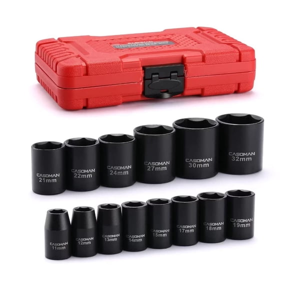 CASOMAN 14 Pcs Douilles à Impact Standard pour Entraînement de 1/2 Po, Métrique, 6 Points, 11 mm à 32 mm