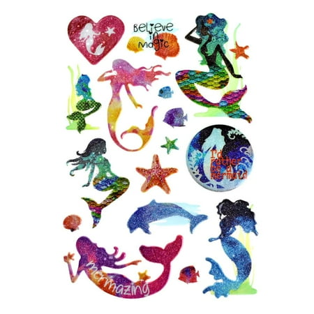 Embroidered 3 D Stickers - Ocean Mermaid 3D Puffy Glitter Stickers, 16-Piece