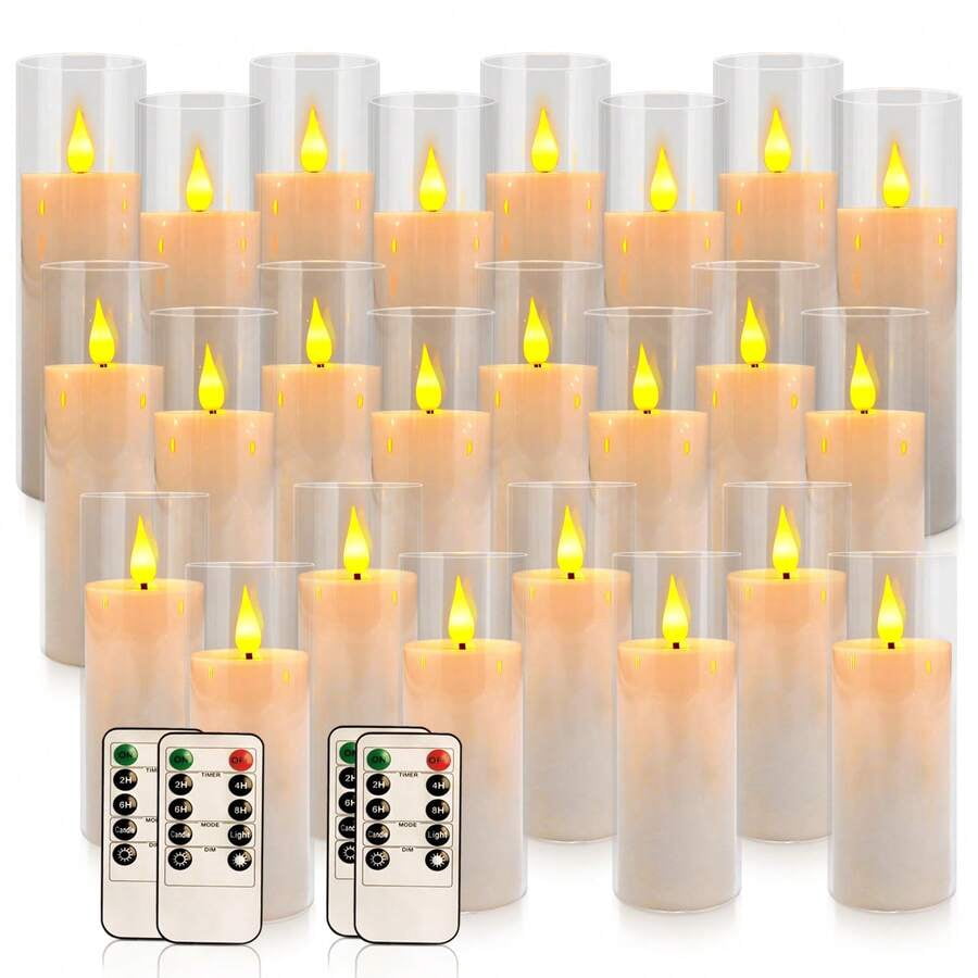 24 Acrylic Transparent Flameless LED Candle Lights, White, 3 Sizes, With Remote Control And Timing Function, Battery Powered, Adjustable Brightness, Perfect For Making Wishes