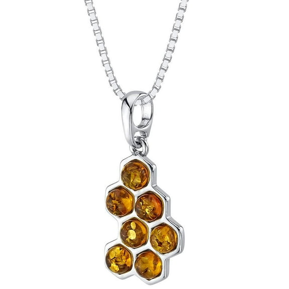 PEORA Genuine Baltic Amber Honeycomb Pendant Necklace for Women 925 Sterling Silver, Rich Cognac Color, with 18 inch Chain