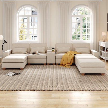 Jarenie 123" U Shaped Modular Sectional Sofa 8 Pieces with Storage Seat and Console Table Beige