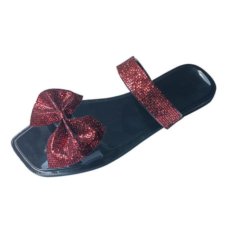 

uikmnh Women Slippers Womens Shoes Summer Slippers Sequin Bow Square Toe Slippers Flat Plus Size Slippers Red 6.5