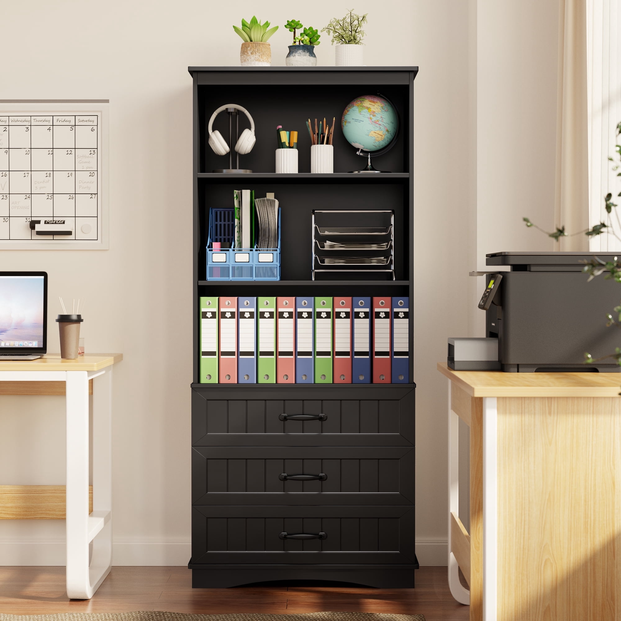 69.7" Tall Bookshelf, Lofka Bookcase with 3 Large Drawers, 3 Tier Storage bookshelf for Home Office, Living Room, Black