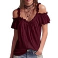 thumbnail image 2 of Summer Cold Shoulder Shirts for Women Boho V-Neck Short Sleeve Top Ruffled Casual Blouse Going Out Outfits for Vacation and Everyday, 2 of 4