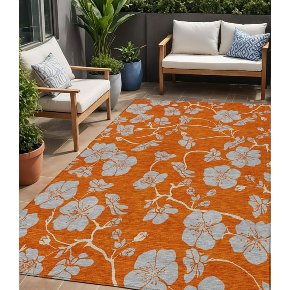 HomeRoots 600031 5 x 8 ft. Orange & Gray Floral Washable Indoor & Outdoor Rectangle Area Rug