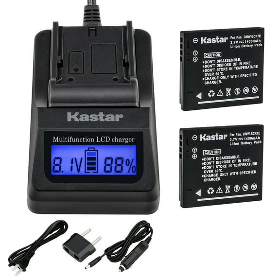 Kastar Charger and Battery 2-Pack for Panasonic DMW-BCK7 Lumix DMC-FH27 DMC-FP7 DMC-FS22 FS28 FS35 FS37 FS40 FS45 DMC-FT25 DMC-FX77 FX78 FX80 FX90 DMC-S1 S2 S3 S5 DMC-SZ1 SZ5 SZ7 DMC-TS20 SZ25