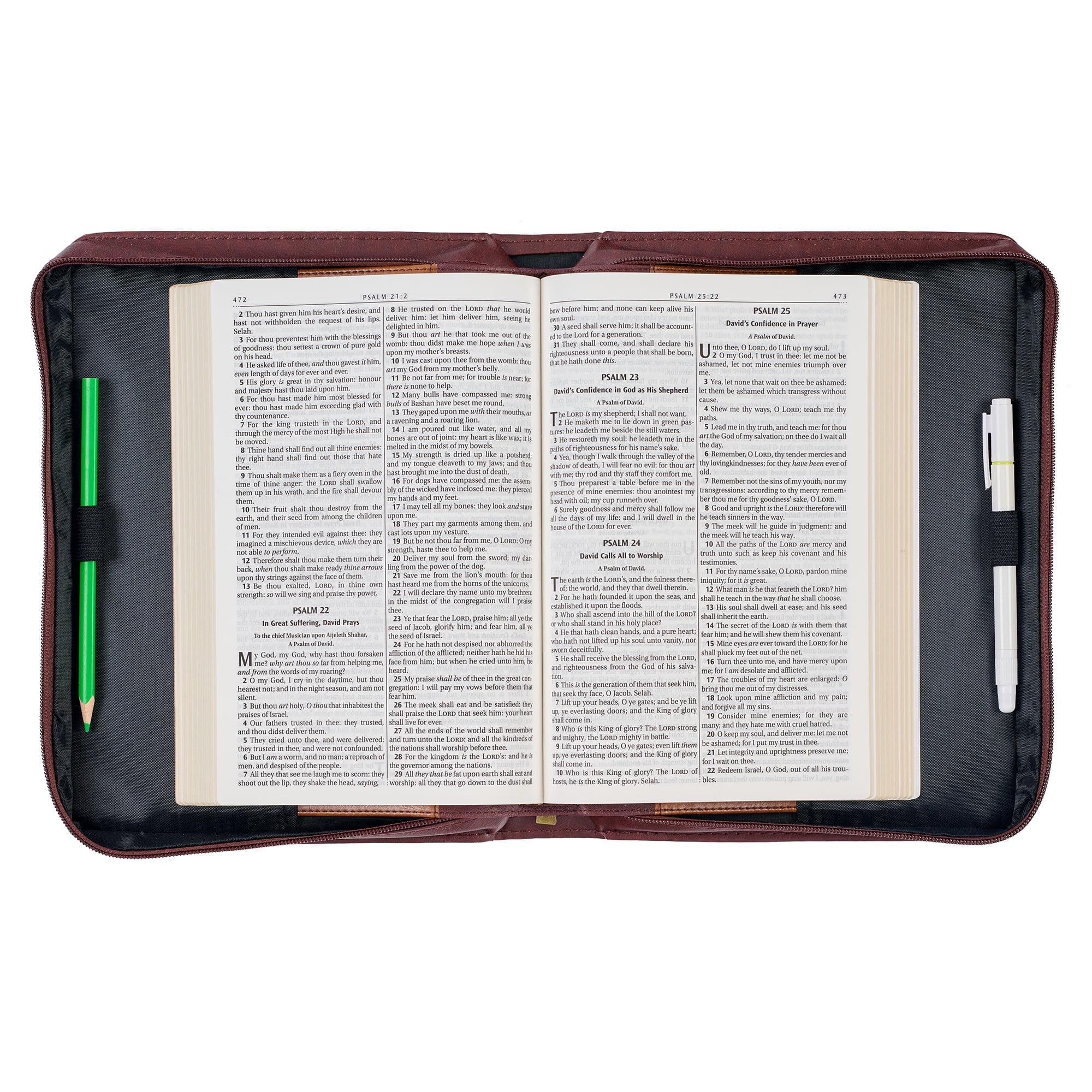 Christian Art Gifts Classic Bible & Book Cover for Men & Women: The Lord's Prayer - Matthew 6:9-13 Inspirational Scripture Carry Case Accessory with Pockets, Walnut Brown & Burgundy with Gold, Medium