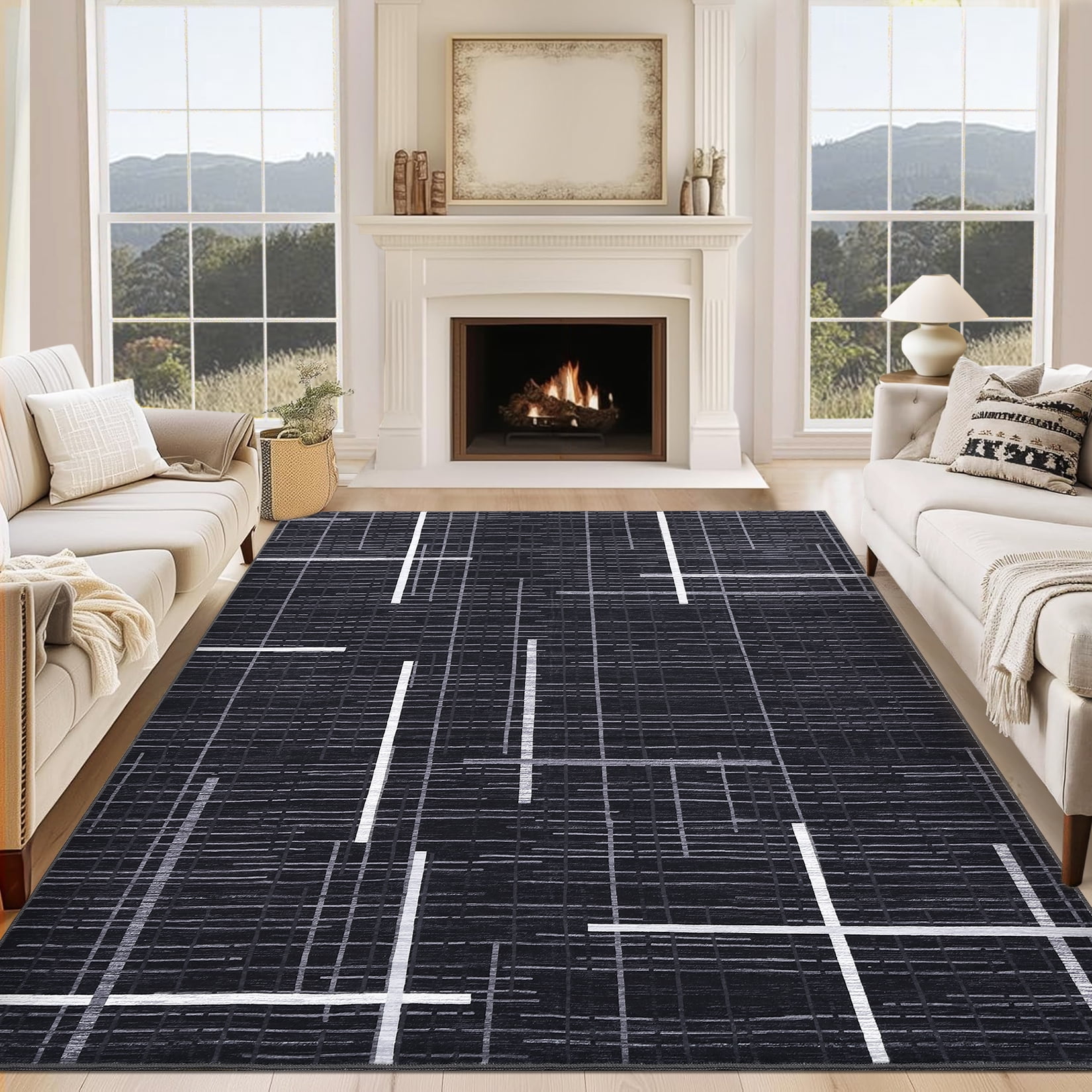 Hasoo Area Rug for Living Room Washable 8x10ft Rug Geometric Grid Rug for Bedroom Dining Room Modern Indoor Carpet Black