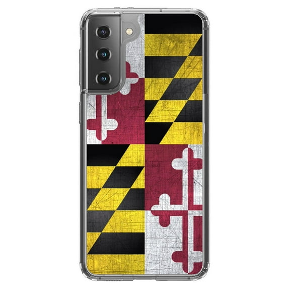 DistinctInk Clear Shockproof Hybrid Case for Galaxy S21  PLUS 5G (6.7" Screen) - TPU Bumper, Acrylic Back, Tempered Glass Screen Protector - Old Weather Maryland Flag - Love of Maryland