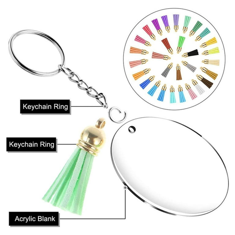 PAXCOO 120Pcs keychain Tassels Acrylic Keychain Blanks Keychain Rings Bulk  for DIY Keychain Key Rings Craft Supplies