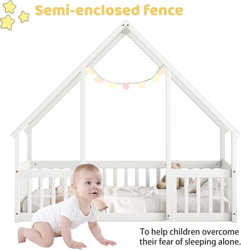 Duxelifin Twin Size House Floor Bed Frame with Triangular Roof and Fence Rails, Wooden Floor Bed Frame Girls,Boys, Montessori Floor Bed, Easy Assembly（White）