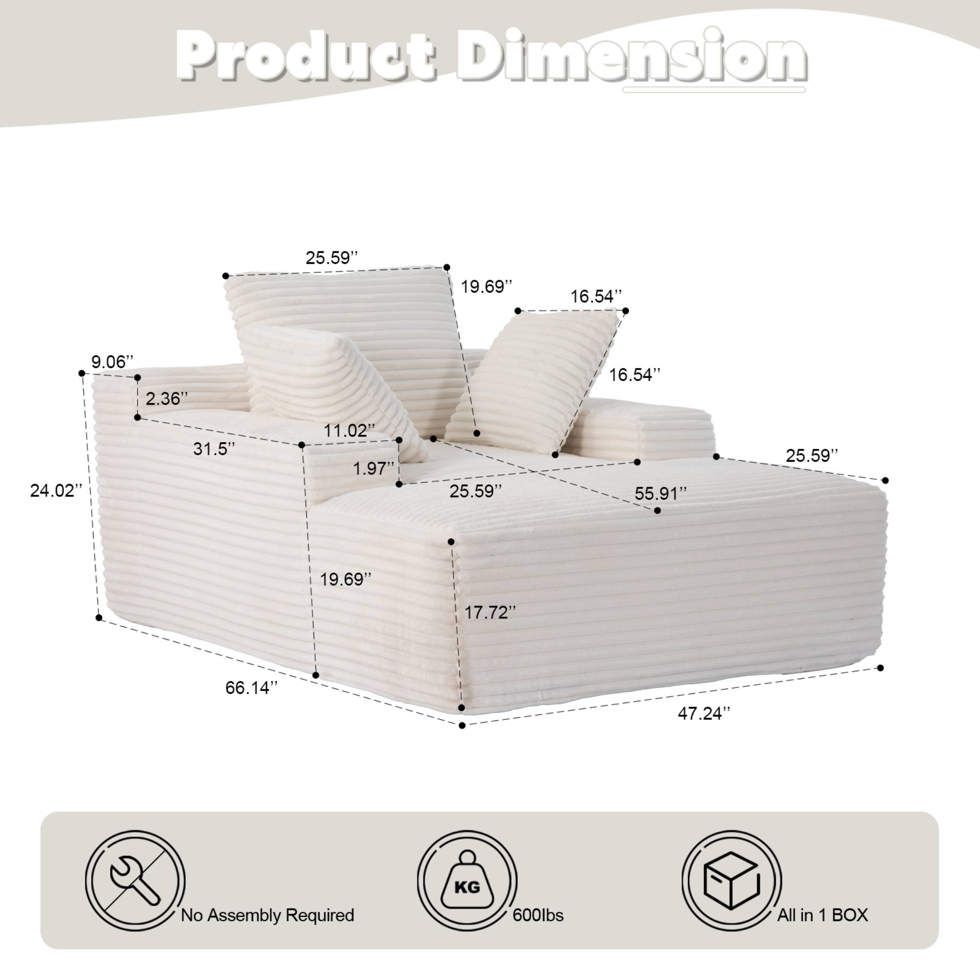 Oversized Chaise Lounge Sofa Chair, Comfy Cloud Sofa Bed, Sleeper Couch with Throw Pillows or Living Room, White