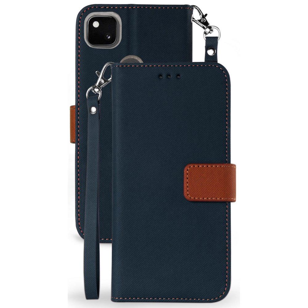 Case for Pixel 4a, [Navy Blue/Brown] Infolio Wallet Credit Card Slot ID