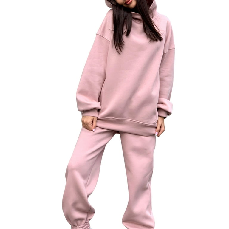 2-Piece Hoodies Set Solid Color Pullover Sweatshirt & Sweatpants Thick Tracksuit  Women's Clothing for Casual Sports Loose Fit Baggy Pants Long Sleeves XL  Pink 