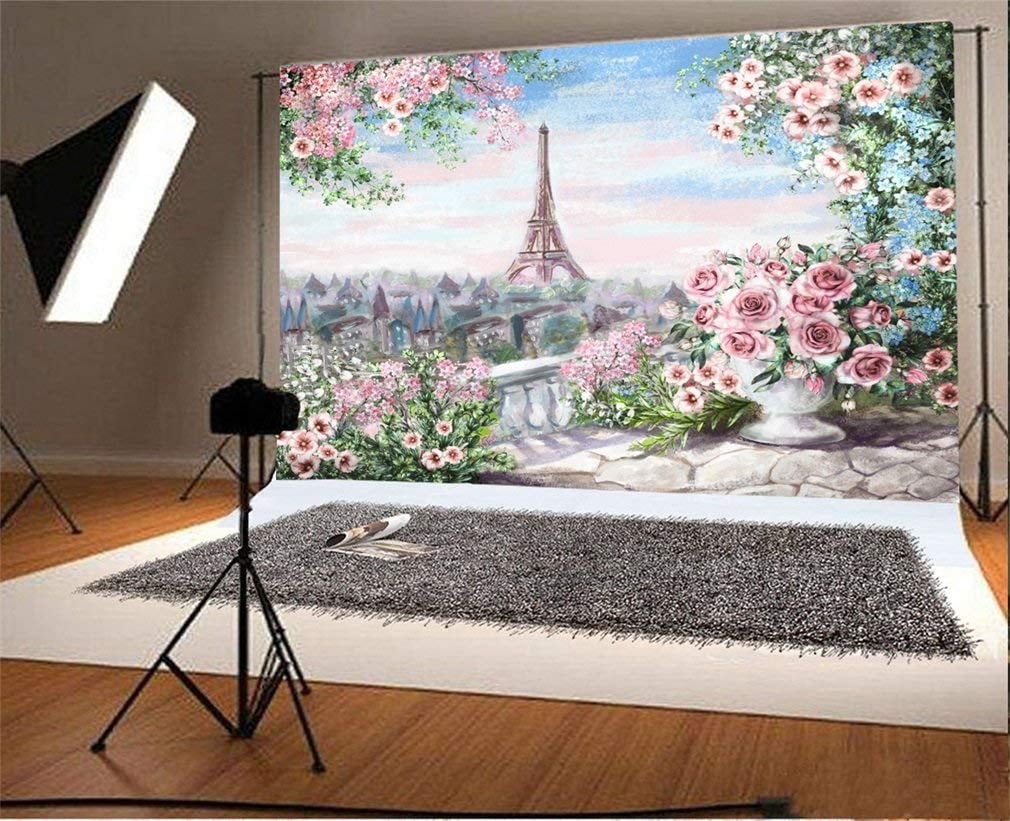AOFOTO 9x6ft Eiffel Tower in Pink Flowers Backdrop Spring Cherry Blossoms Romantic Holiday Valentine Decoration Blurry Paris Cityscape Background for Business Love Travel Photo Studio Props