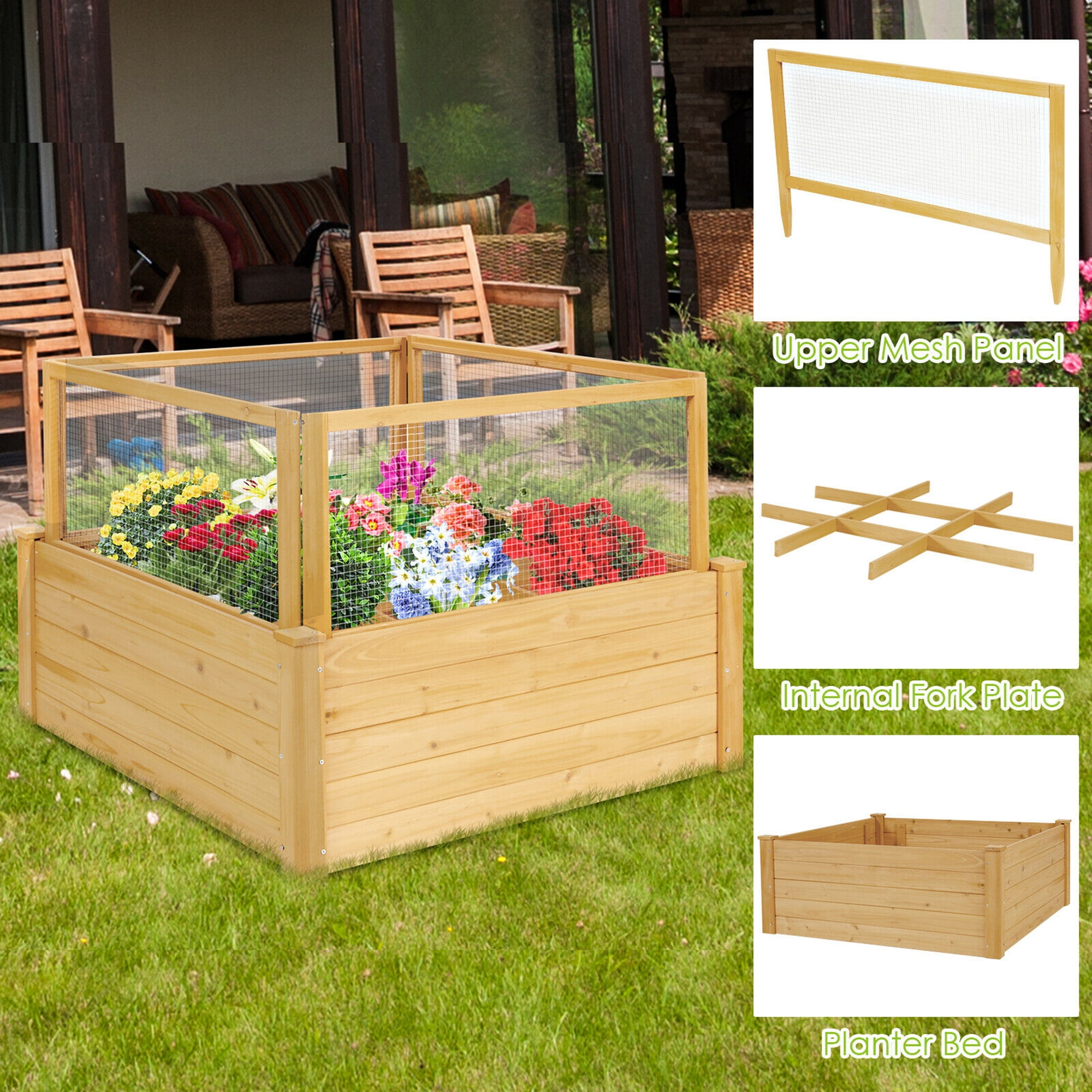 Gymax Raised Garden Bed Guard Fence Wooden Garden Box with 9 Grids & Critter