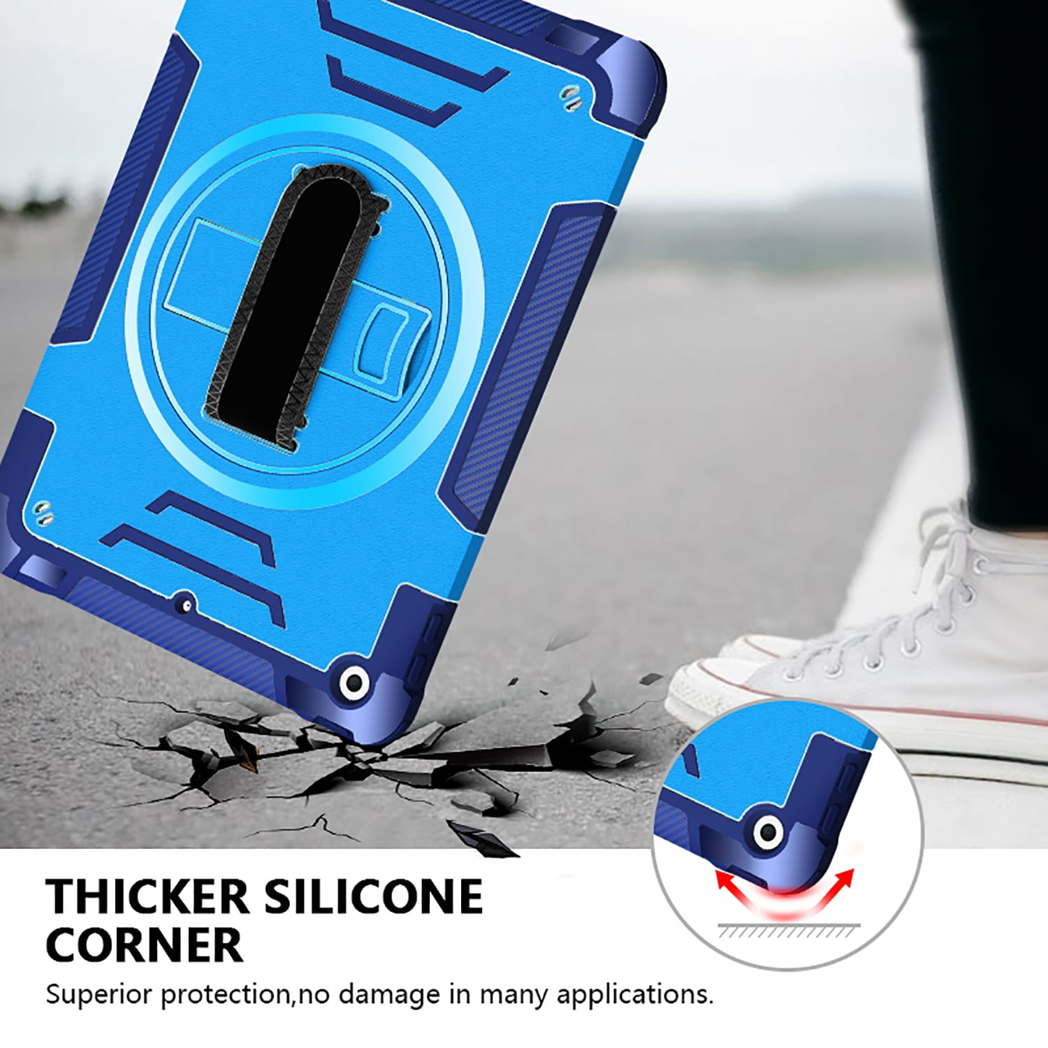Shockproof Case for Apple iPad 9th/8th/7th Generation, with Pencil Holder Military Grade Protection Rotating Stand Hand Strap Shoulder Strap Bumper Rugged Case for iPad 10.2" 2021/2020/2019, Blue