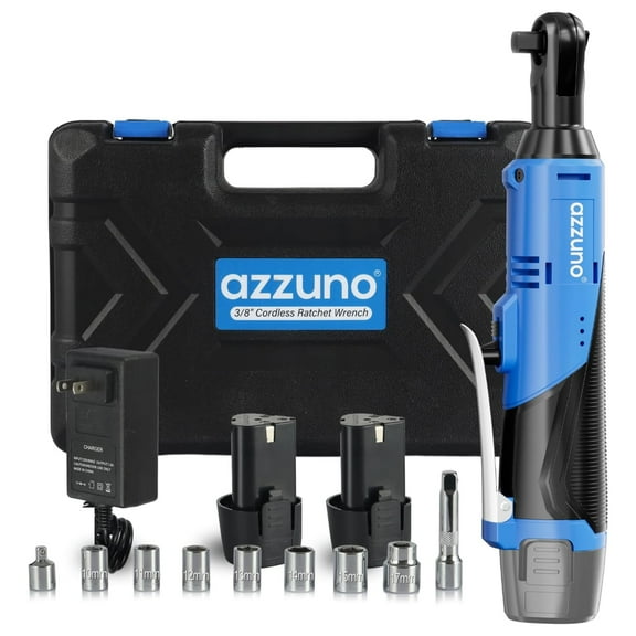 AZZUNO 3/8" Electric Ratchet Wrench Set 30 Ft-lbs Cordless Ratchet Wrench Tool Kit with 2 x 2000mAh Lithium-Ion Battery and Charger