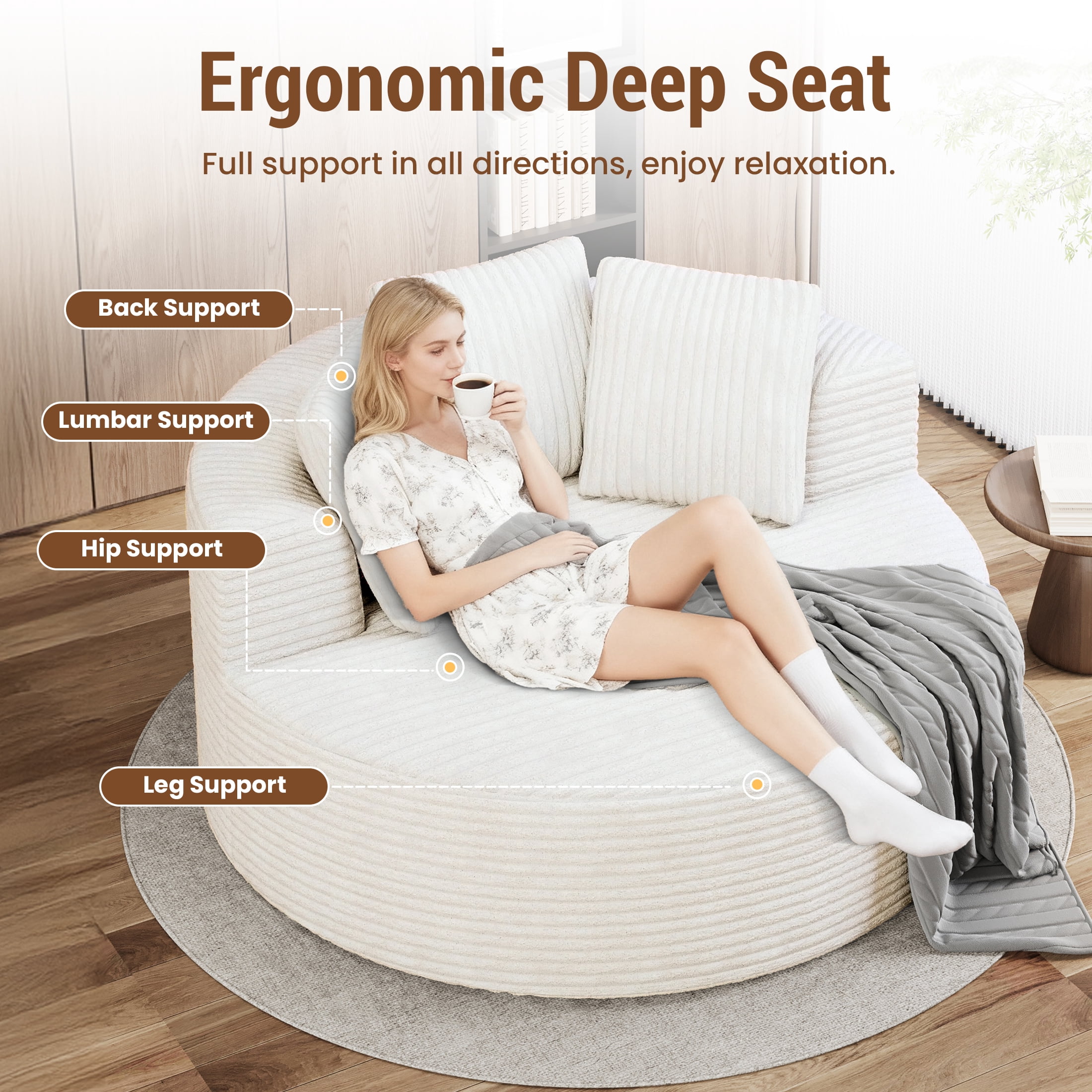 Magic Home Modern Lazy Sofa Foam Couch Sectional Sofa Togo Sofa Floor Sofa for Bedroom,Living Room,Apartment and Small Space,Single Seat Sofa,Beige