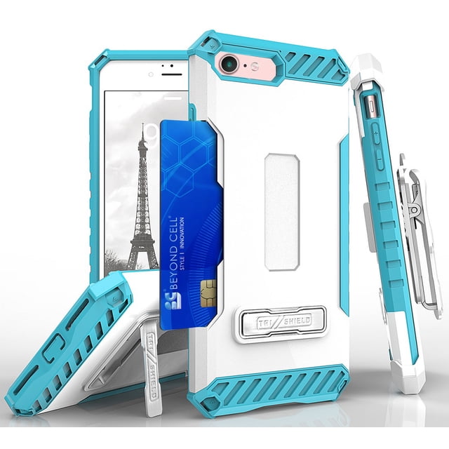 WHITE TURQUOISE TRI-SHIELD RUGGED CASE with KICKSTAND + BELT CLIP HOLSTER + LANYARD WRIST STRAP + WALLET CREDIT CARD SLOT + TEMPERED GLASS PROTECTOR FOR APPLE iPHONE 7/8