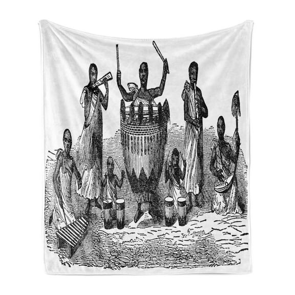 Drums Soft Flannel Fleece Blanket, Sketchy Hand Drawn African Musicians Old Style Illustration Cultural Vibes, Cozy Plush for Indoor and Outdoor Use, 50" x 60", Charcoal Grey White, by Ambesonne
