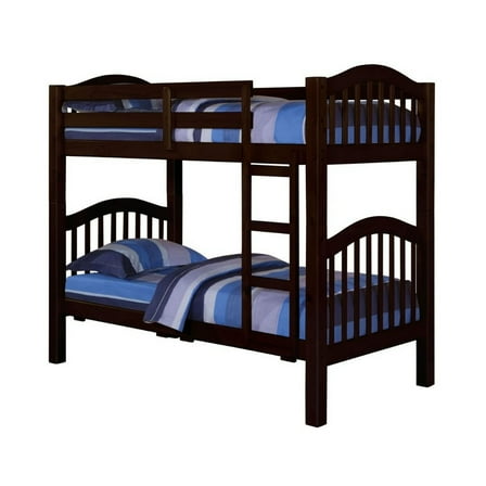 Twin Over Twin Bunk Bed, Pine Wood, Slatted Headboard, Espresso Brown