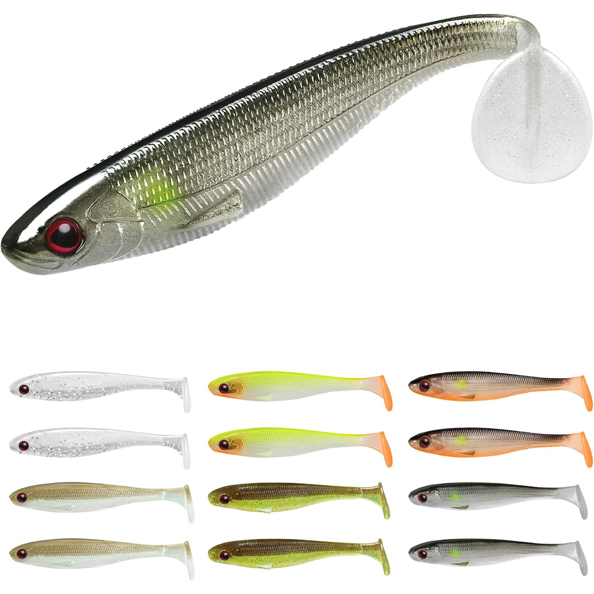 TRUSCEND 12pcs Soft Fishing Lures Shadtale Easy Catch Baits with Unique Vibration and Action for Various Rigs Paddle Tail Swimbaits Trailer for Bass Trout Crappie Saltwater & Freshwater Fishing