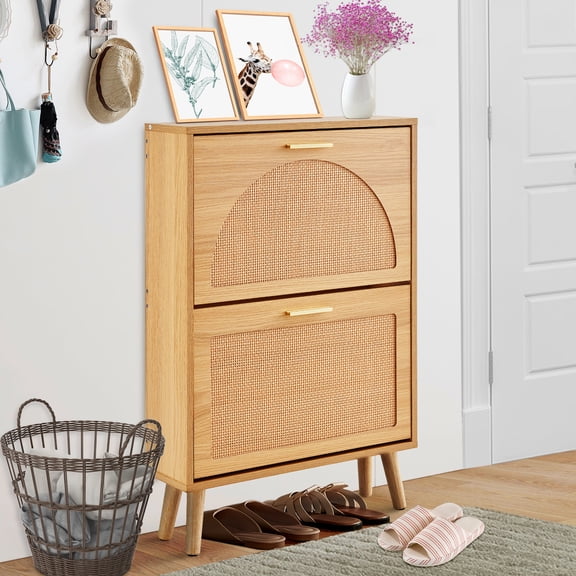 SKYSHALO 2-Flip Shoe Cabinet, Shoe Organizer with Wicker Doors Design, 23.6" W, Space for Heels, Boots, Sandals in Corridor, Lounge