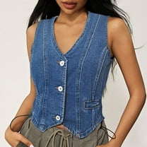 Women's Denim Vest Top V Neck Sleeveless Button Down Cropped Jean Jacket Western Style Trendy Casual Outfit