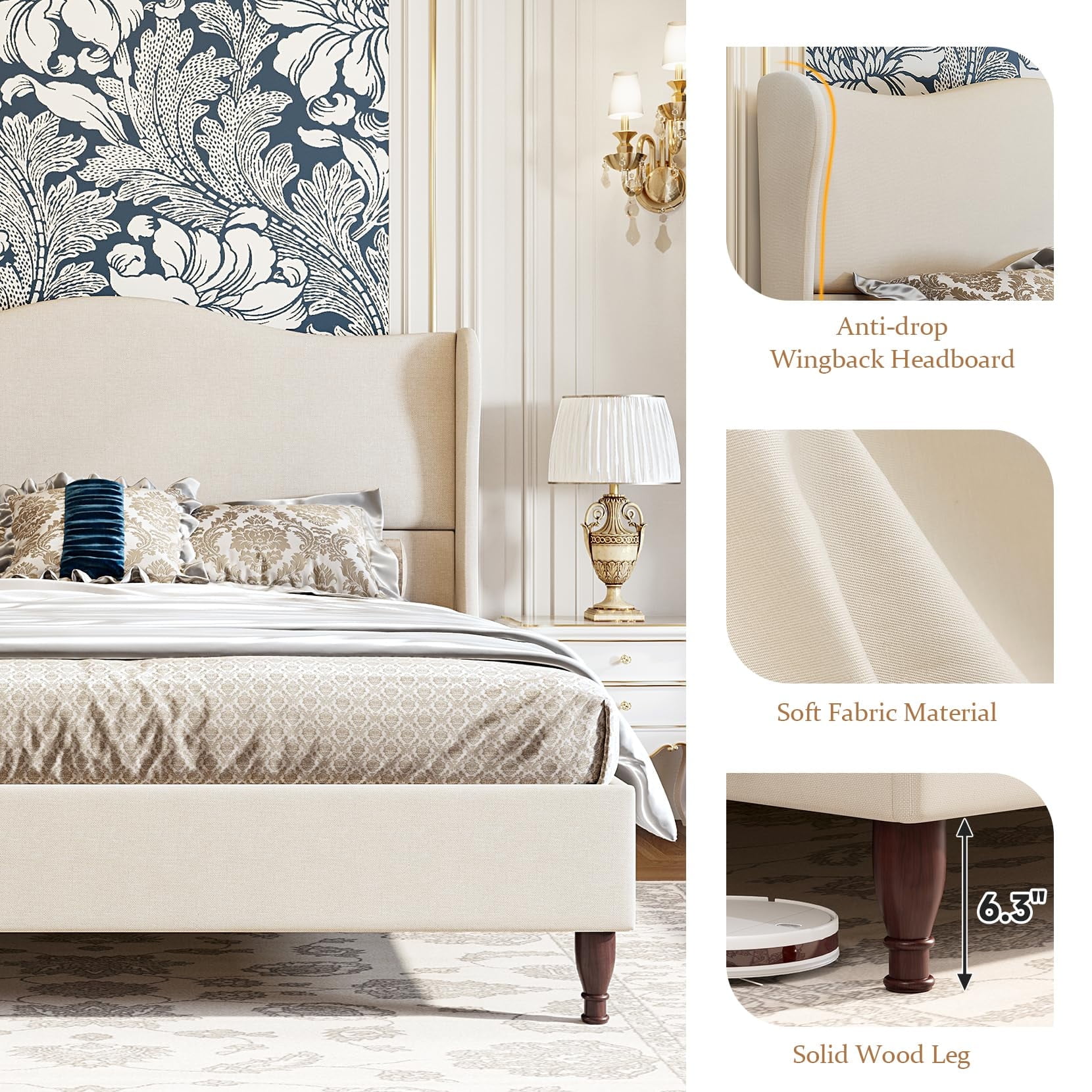 Neche Queen Upholstered Platform Bed Frame - 51" Tall Curved Wingback, Soft Fabric, Retro Sleigh Style, No Box Spring Needed, Easy Assembly, Beige