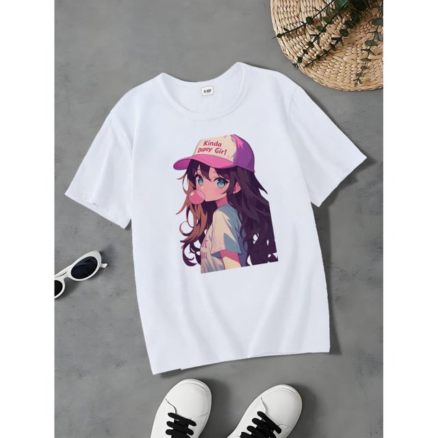T-Shirt en Mélange de Coton Doux pour Filles avec Imprimé de Personnage d'Anime - Col Rond Décontracté, Extensible et Confortable pour une Tenue Décontractée, Haut d'Été à la Mode pour Filles de Moins de 12 Ans, Vêtements pour Adolescentes