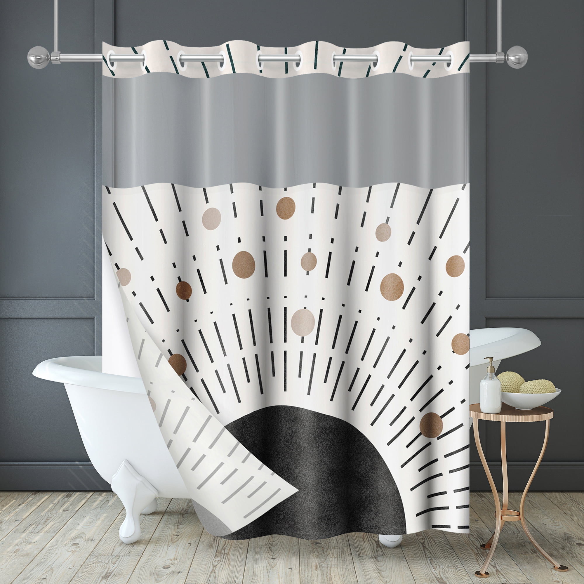 Americanflat 72x75 Hookless Shower Curtain - Abstract Black Bronze Shower Curtain with Sheer Panel, Snap-In Liner, and Grommets - 100% Polyester