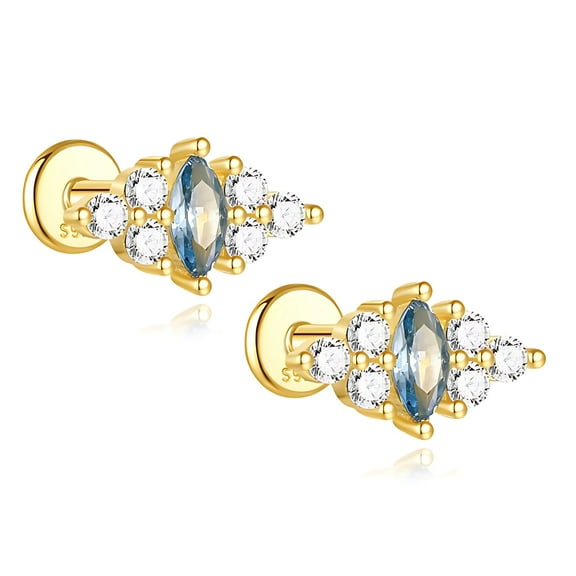 Blue Marquise CZ Flat Back Earrings for Cartilage or Lobe 16g Gold Plated Sterling Silver 1 pair by Ginger Lyne