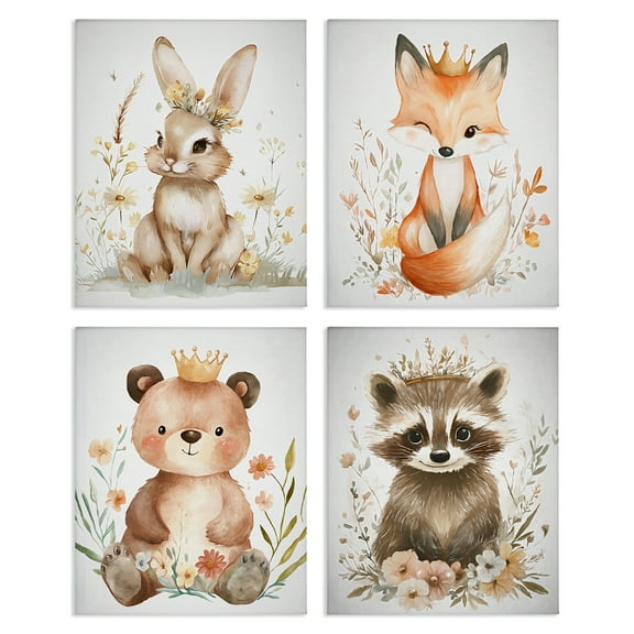 Stupell Industries Whimsical Crowned Baby Animals 4 Piece Canvas Wall Art Set design by Ramona Murdock, 14 x 11