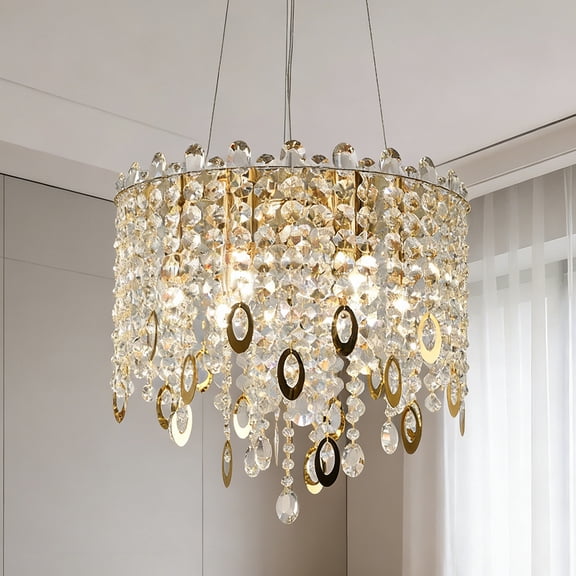 Modern Crystal Chandelier Light Fixture 6-Light Gold Chandelier Lighting Flush Mount LED Ceiling Light Fixture Hanging Pedant Lighting Fixture for Dining Room Living Room