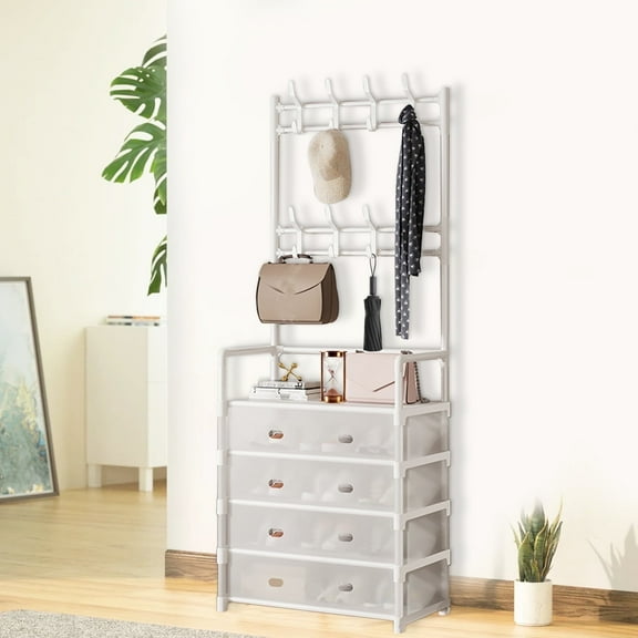 SINGOMON Five-Tier Shoe Rack with Lid, Entryway Clothing Storage Rack with 8 Hooks, Dust-Proof Storage, White