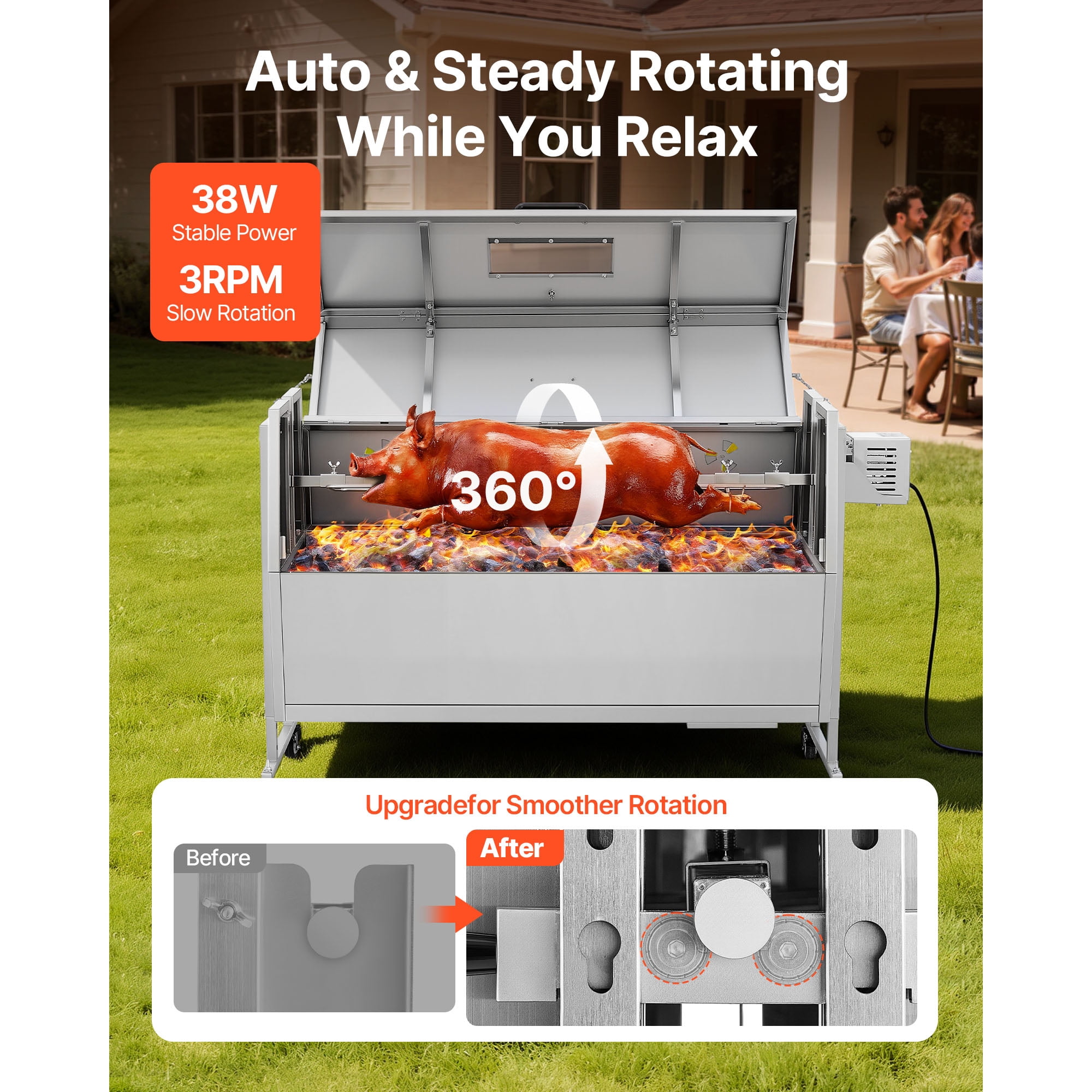 KFFKFF Rotisserie Grill with 38W Motor, Outdoor BBQ Spit Roaster for Pig & Lamb, Charcoal Grill with 132 lbs Capacity, Adjustable Height Levels, Stainless Steel Design with Wheels