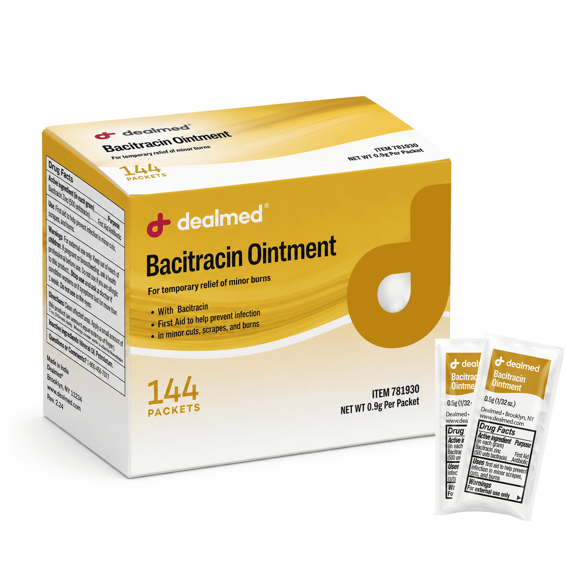 Dealmed Bacitracin Ointment, First Aid Antibiotic Pain Relieving Ointment for Minor Cuts, Scrapes, 144 Per Box (1 Pack)