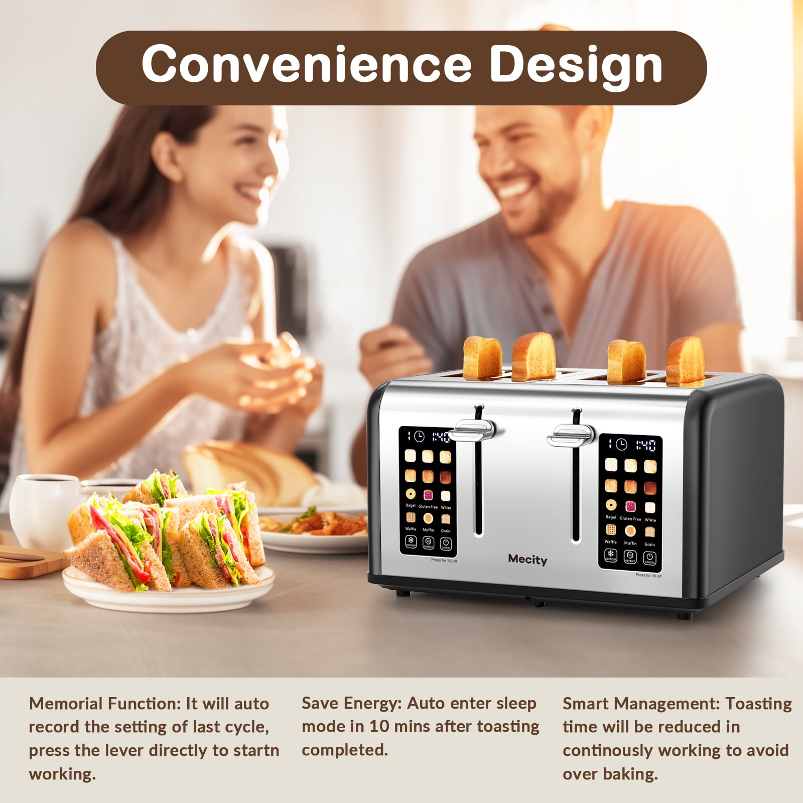 Mecity 4-Slice Toaster with Touchscreen, Stainless Steel, Wide Slots, 6 Browning Settings, Digital Display, Reheat, Defrost, Crumb Tray, Matte Black