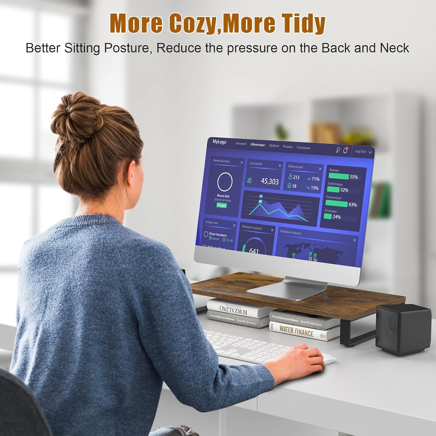 Monitor Stand for Desk, Wood & Steel Computer Stand Riser with Storage Organizer for Office Laptop, PC, Printer 24x12 inch