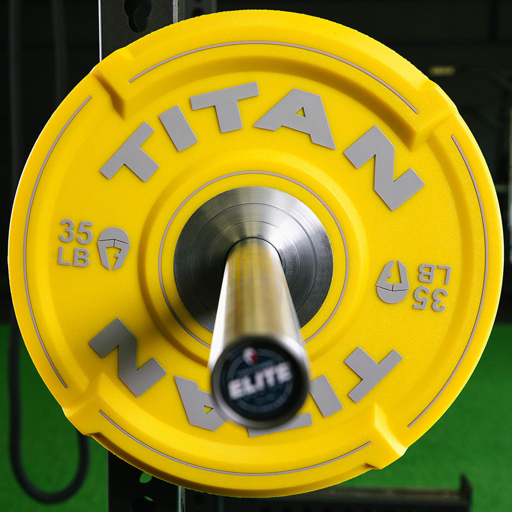 Titan Fitness 35 LB EZ-Grip Urethane Olympic Weight Plate, Single Yellow Competition Plate with Steel Chrome Core, Easy-Grip Interlocking Design, Weightlifting, Strength Training, Home Gym Plates